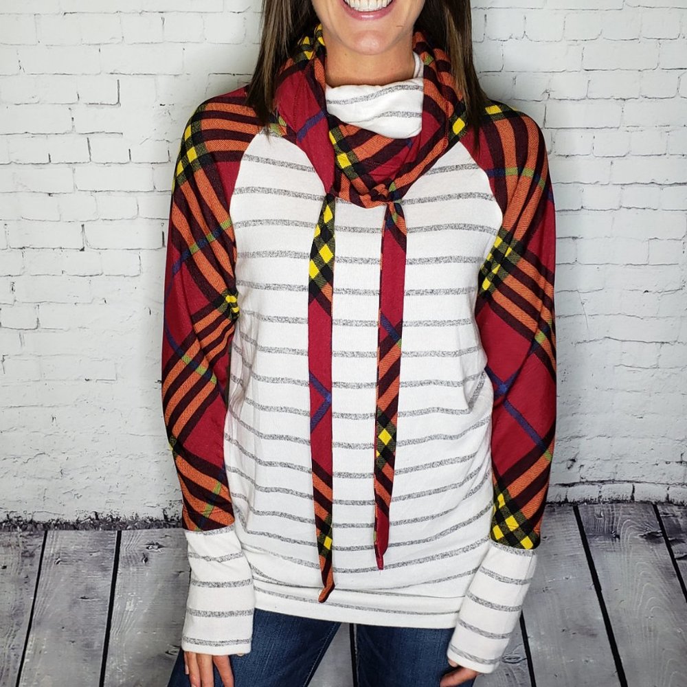 NWT BOUTIQUE Cowl Neck Sweater Top Stripes Multi Red White Grey Winter Shirt
